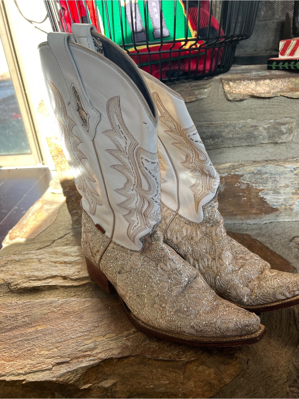 MEXABOOT Men’s Bling Western Cowboy Pointed Toe White Boots NARROW Sz 28